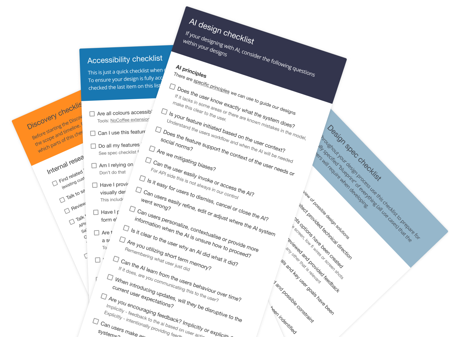 Fanned governance checklist documents: Discovery checklist, Accessibility checklist, AI design checklist, and Design spec checklist used to align teams during design reviews.