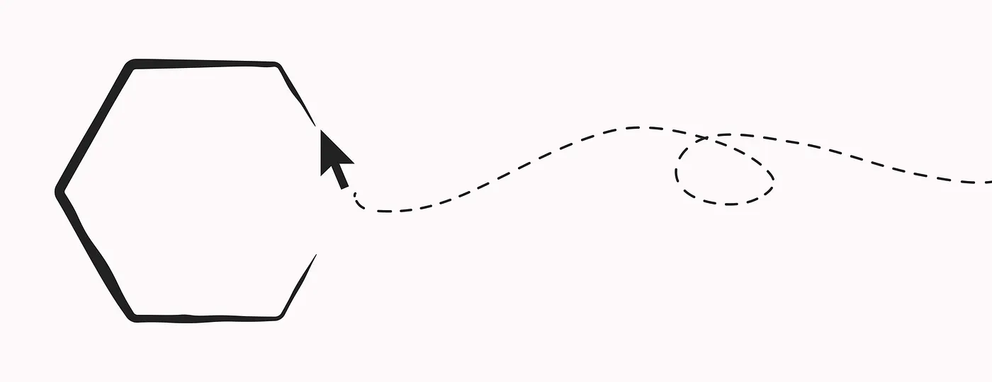 A hand-drawn hexagon with a dashed cursor path looping toward it.